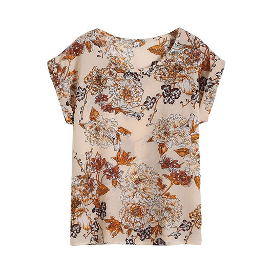 Fashion Floral Print Blouse Pullover Ladies Chiffon Blouses Shirts Vintage Printed Casual Short Sleeve Women Tops Summer