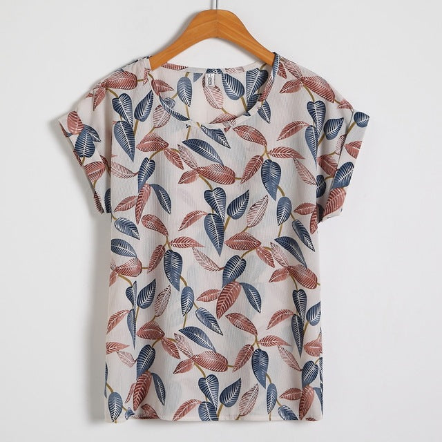 Fashion Floral Print Blouse Pullover Ladies Chiffon Blouses Shirts Vintage Printed Casual Short Sleeve Women Tops Summer