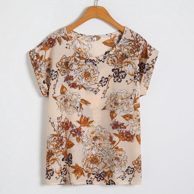 Fashion Floral Print Blouse Pullover Ladies Chiffon Blouses Shirts Vintage Printed Casual Short Sleeve Women Tops Summer