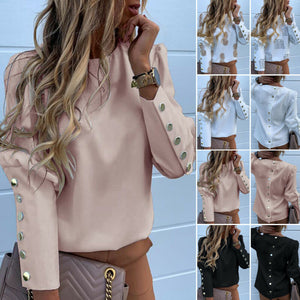 Fashion Women Metal Button Long Sleeve Shirts Ladies Casual O-Neck Solid Print Blouses Plus Size XXXL Fall European Clothes