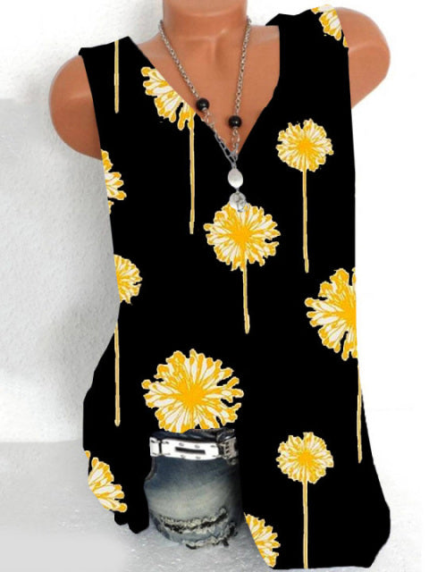 Fashion printing large size women T-shirt V-neck sleeveless vest casual ladies T-shirt women tops