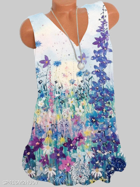 Fashion printing large size women T-shirt V-neck sleeveless vest casual ladies T-shirt women tops