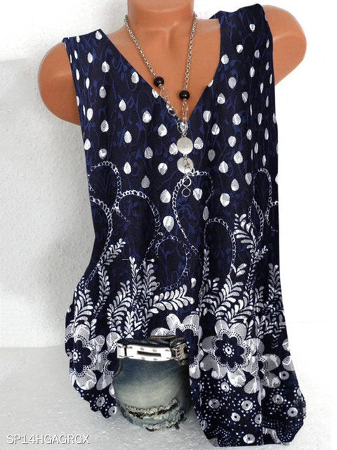 Fashion printing large size women T-shirt V-neck sleeveless vest casual ladies T-shirt women tops