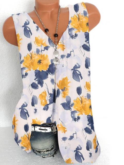 Fashion printing large size women T-shirt V-neck sleeveless vest casual ladies T-shirt women tops