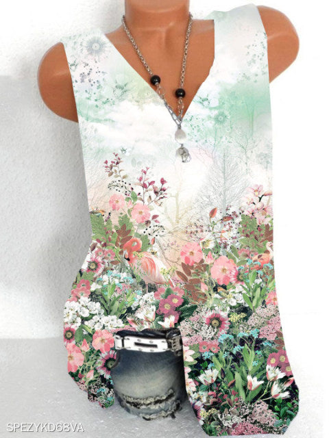 Fashion printing large size women T-shirt V-neck sleeveless vest casual ladies T-shirt women tops