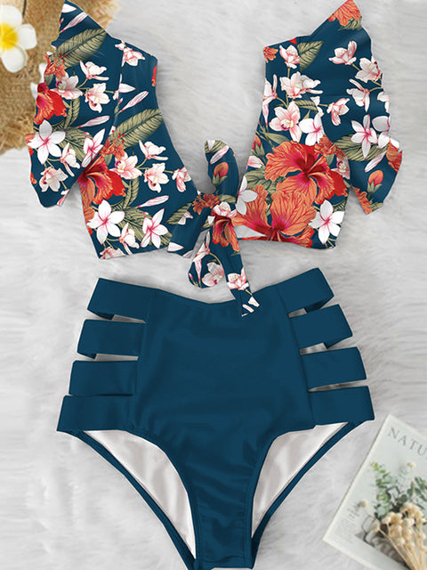 Floral Ruffled Hem Bikini Set Women Flora V-Neck High-Waisted Two Piece Swimsuit 2022 Girl Beach Bathing Suit Swimwear Biquinis