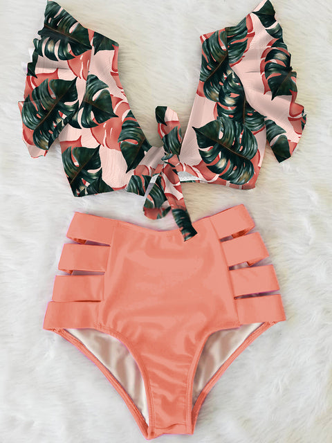 Floral Ruffled Hem Bikini Set Women Flora V-Neck High-Waisted Two Piece Swimsuit 2022 Girl Beach Bathing Suit Swimwear Biquinis