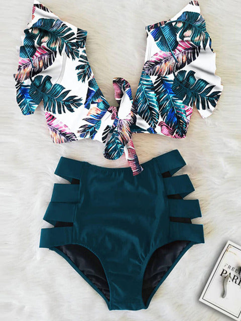 Floral Ruffled Hem Bikini Set Women Flora V-Neck High-Waisted Two Piece Swimsuit 2022 Girl Beach Bathing Suit Swimwear Biquinis