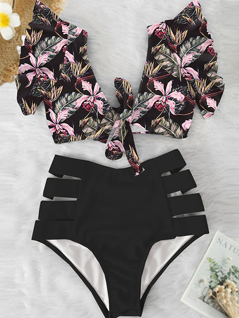 Floral Ruffled Hem Bikini Set Women Flora V-Neck High-Waisted Two Piece Swimsuit 2022 Girl Beach Bathing Suit Swimwear Biquinis