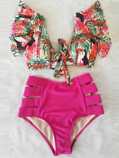 Floral Ruffled Hem Bikini Set Women Flora V-Neck High-Waisted Two Piece Swimsuit 2022 Girl Beach Bathing Suit Swimwear Biquinis