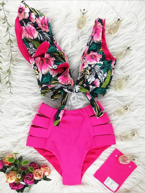 Floral Ruffled Hem Bikini Set Women Flora V-Neck High-Waisted Two Piece Swimsuit 2022 Girl Beach Bathing Suit Swimwear Biquinis