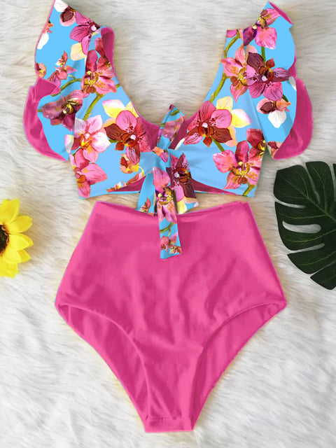 Floral Ruffled Hem Bikini Set Women Flora V-Neck High-Waisted Two Piece Swimsuit 2022 Girl Beach Bathing Suit Swimwear Biquinis