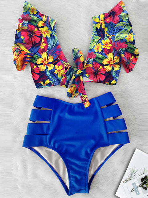 Floral Ruffled Hem Bikini Set Women Flora V-Neck High-Waisted Two Piece Swimsuit 2022 Girl Beach Bathing Suit Swimwear Biquinis