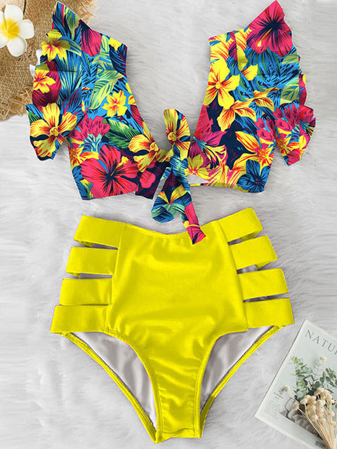 Floral Ruffled Hem Bikini Set Women Flora V-Neck High-Waisted Two Piece Swimsuit 2022 Girl Beach Bathing Suit Swimwear Biquinis