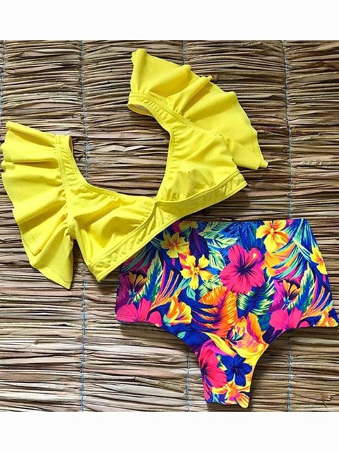 Floral Ruffled Hem Bikini Set Women Flora V-Neck High-Waisted Two Piece Swimsuit 2022 Girl Beach Bathing Suit Swimwear Biquinis