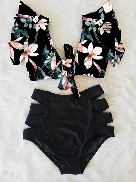 Floral Ruffled Hem Bikini Set Women Flora V-Neck High-Waisted Two Piece Swimsuit 2022 Girl Beach Bathing Suit Swimwear Biquinis