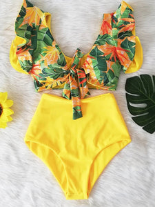 Floral Ruffled Hem Bikini Set Women Flora V-Neck High-Waisted Two Piece Swimsuit 2022 Girl Beach Bathing Suit Swimwear Biquinis