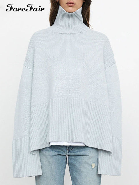 Forefair 2021 Autumn Winter Oversized Knitted Pullover Women Turtleneck Long Sleeve Khaki Striped Loose Sweater Casual Fashion