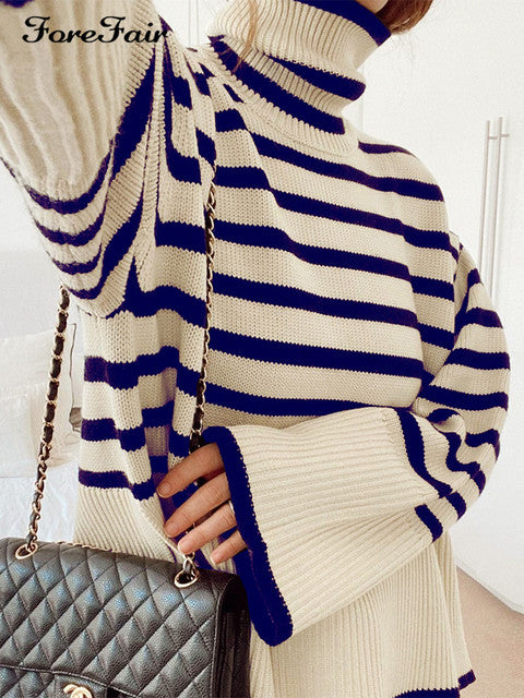 Forefair 2021 Autumn Winter Oversized Knitted Pullover Women Turtleneck Long Sleeve Khaki Striped Loose Sweater Casual Fashion