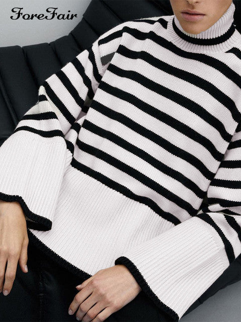Forefair 2021 Autumn Winter Oversized Knitted Pullover Women Turtleneck Long Sleeve Khaki Striped Loose Sweater Casual Fashion