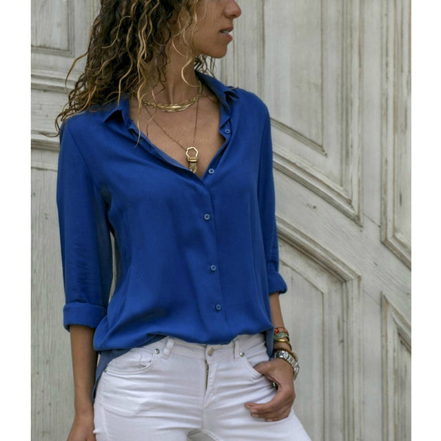 Gentillove Elegant Long Sleeve Oversized Solid V-Neck Chiffon Blouse Summer Women Tops Female Office Shirts Casual Regular