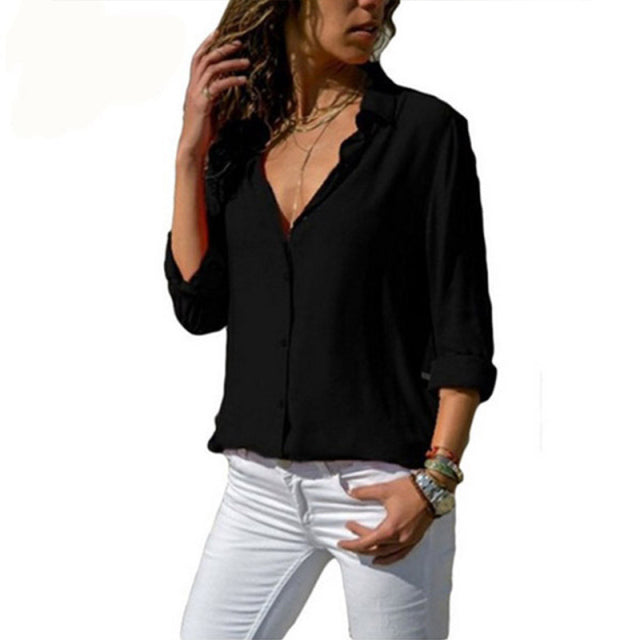 Gentillove Elegant Long Sleeve Oversized Solid V-Neck Chiffon Blouse Summer Women Tops Female Office Shirts Casual Regular