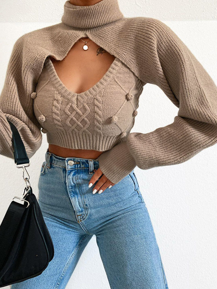 Glamaker Hairball 2 piece set women autumn winter turtleneck crop sweaters vest knit top Sexy backless knitted chic new jumper