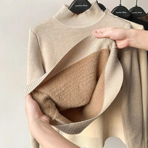 Korean Turtleneck Slim Knitted Pullovers Fashion Clothes Woman 2021 Winter Sweater Casual Fleece Lined Warm Knitwear Base Shirt