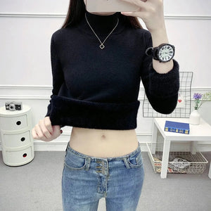 Korean Turtleneck Slim Knitted Pullovers Fashion Clothes Woman 2021 Winter Sweater Casual Fleece Lined Warm Knitwear Base Shirt