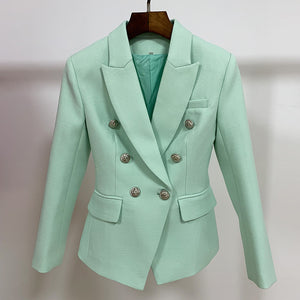 HIGH STREET 2022 Classic Baroque Designer Blazer Jacket Women&#39;s Metal Lion Buttons Double Breasted Textured Blazer Mint Green