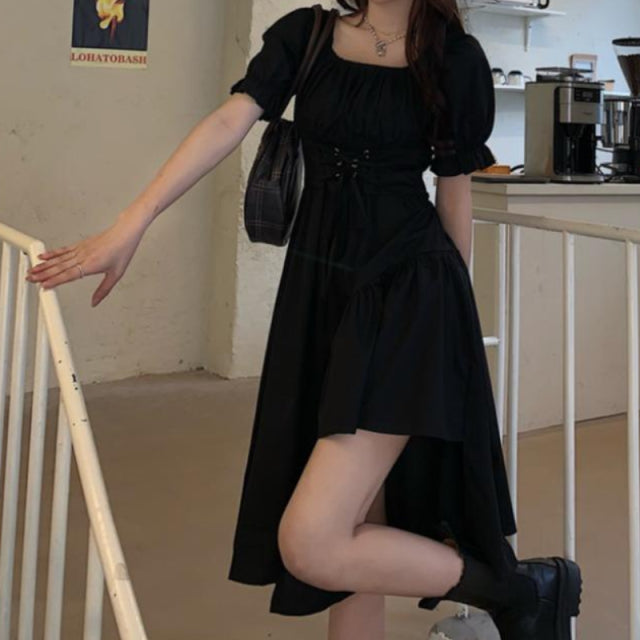 HOUZHOU Women&#39;s White Dress Autumn Elegant Vintage Kawaii Puff Sleeve Midi Dress Square Collar Bandage Sundress Goth Outfits