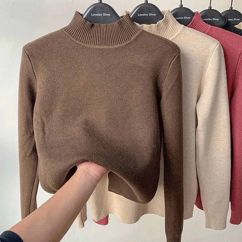 Korean Turtleneck Slim Knitted Pullovers Fashion Clothes Woman 2021 Winter Sweater Casual Fleece Lined Warm Knitwear Base Shirt