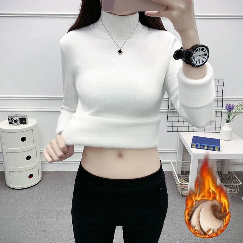 Korean Turtleneck Slim Knitted Pullovers Fashion Clothes Woman 2021 Winter Sweater Casual Fleece Lined Warm Knitwear Base Shirt