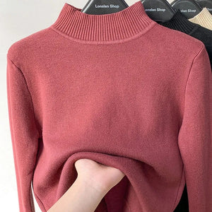 Korean Turtleneck Slim Knitted Pullovers Fashion Clothes Woman 2021 Winter Sweater Casual Fleece Lined Warm Knitwear Base Shirt