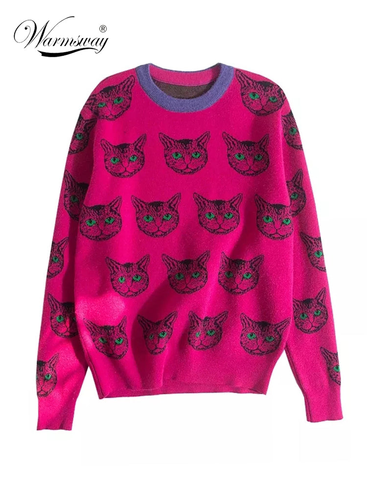 High Quality Runway Designer Cat Print Knitted Sweaters Pullovers Women Autumn Winter Long Sleeve Harajuku Sweet Jumper C-192