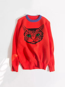 High Quality Runway Designer Cat Print Knitted Sweaters Pullovers Women Autumn Winter Long Sleeve Harajuku Sweet Jumper C-192