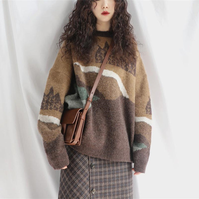 Hirsionsan Leopard Patchwork Cashmere Sweater Women Loose Casual Knitted Pullovers Autumn Soft Knitwear Female Retro Jumper