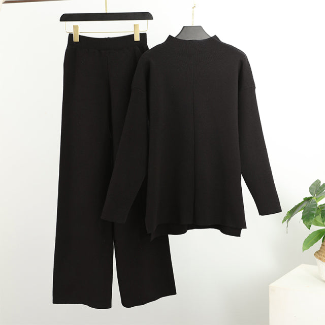 Knitted Women Pants Sets 2021 Autumn Winter Fashion Casual Female Solid 2 Piece Pant Outfits Long Sleeve Top And Wide Leg Pants