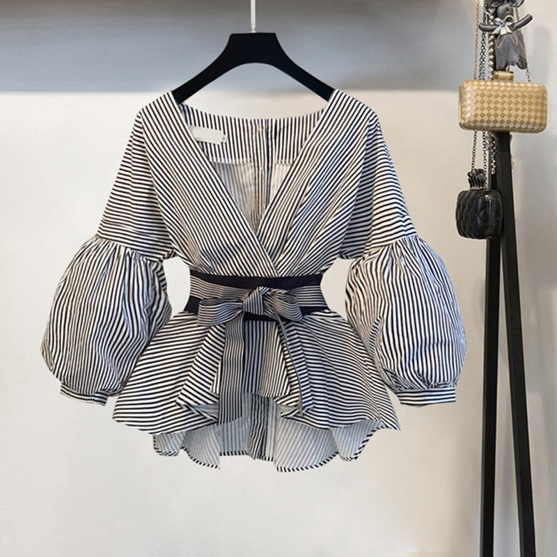 Lantern Sleeve Blouse Shirt Women 2022 Fashion Korean Style Summer Bow V-neck Striped Shirt Elegant Ladies Tops Female Clothing