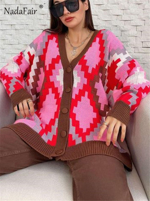 Nadafair Milti Patterned Cardigan Women Fashion Plus Size Winter Sweater Autumn Loose Casual Oversized Knitwear Cardigan Muje