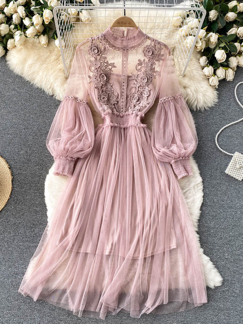 New Arrivals Women Lace Flower Dress Gauze Lantern Sleeve Voile Long Dress Female Retro Hook Princess Dress 2 Piece Set