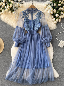 New Arrivals Women Lace Flower Dress Gauze Lantern Sleeve Voile Long Dress Female Retro Hook Princess Dress 2 Piece Set