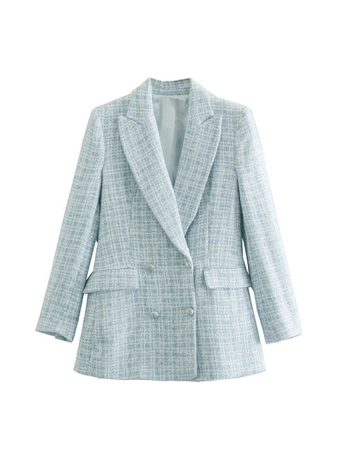 New Casual Women Tweed Blazer Vintage Office Lady Jacket Coat Double Breasted Spring Autumn Outerwear Female Chic Tops