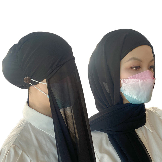 New Instant Hijabs Women Bonnet With Chiffon Shawl With buttons Easy to Wear masks Stretch Hijab Cover Headwrap