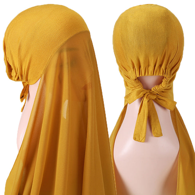 New Instant Hijabs Women Bonnet With Chiffon Shawl With buttons Easy to Wear masks Stretch Hijab Cover Headwrap