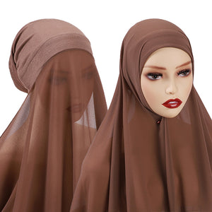 New Instant Hijabs Women Bonnet With Chiffon Shawl With buttons Easy to Wear masks Stretch Hijab Cover Headwrap