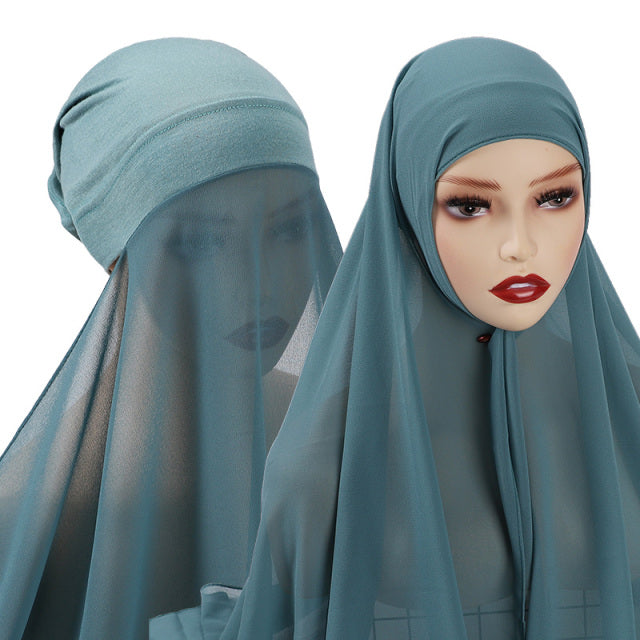 New Instant Hijabs Women Bonnet With Chiffon Shawl With buttons Easy to Wear masks Stretch Hijab Cover Headwrap