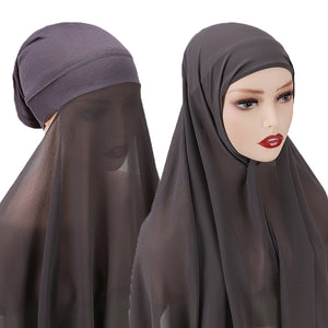 New Instant Hijabs Women Bonnet With Chiffon Shawl With buttons Easy to Wear masks Stretch Hijab Cover Headwrap