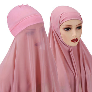 New Instant Hijabs Women Bonnet With Chiffon Shawl With buttons Easy to Wear masks Stretch Hijab Cover Headwrap