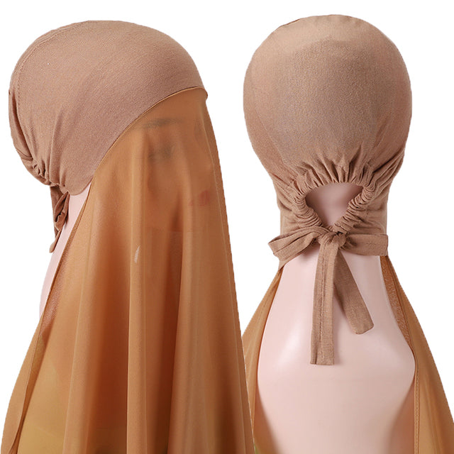 New Instant Hijabs Women Bonnet With Chiffon Shawl With buttons Easy to Wear masks Stretch Hijab Cover Headwrap